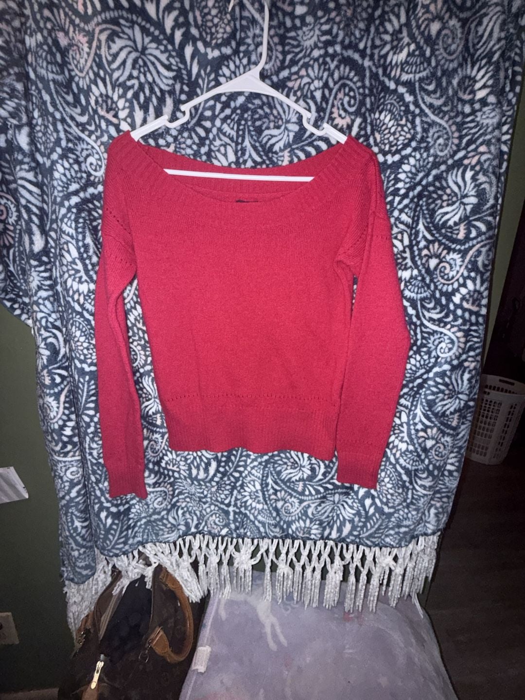 American Eagle Outfitters Off The Shoulder Sweater Size S Red Knit Pullover 2