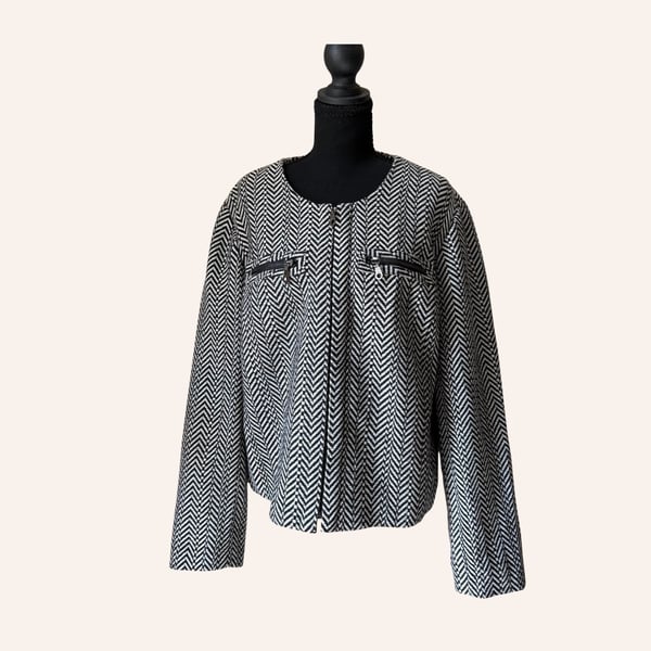 office siren chadwicks black white herringbone zip front jacket size 18