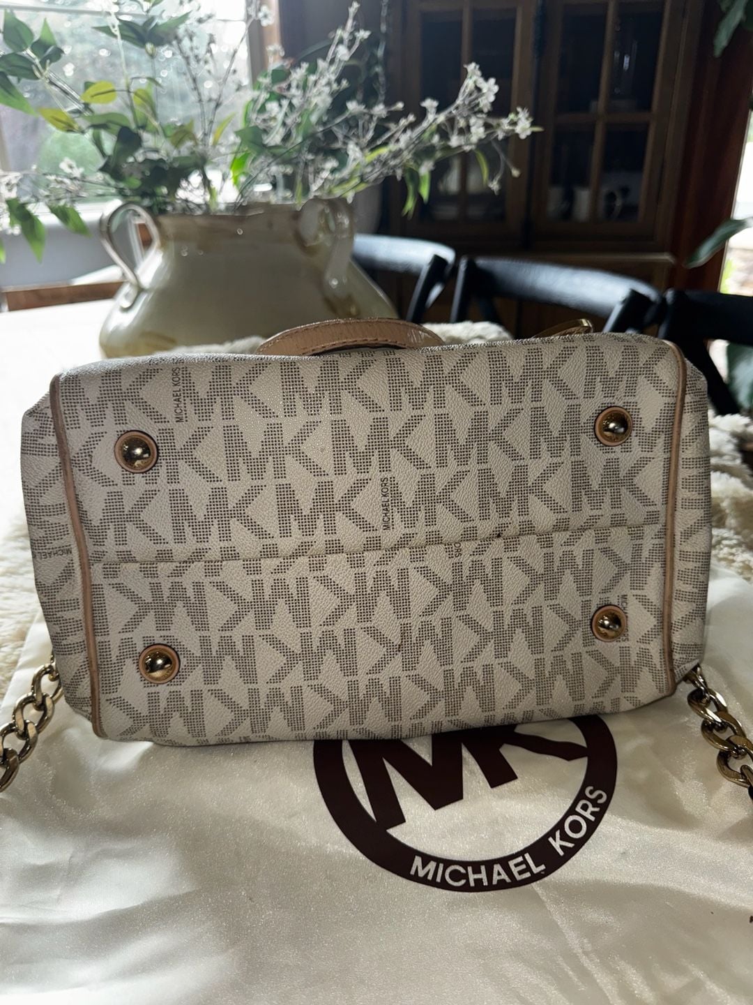 Michael Kors Grayson Signature Monogram Medium Satchel Bag Cream PVC w/dustbag 9