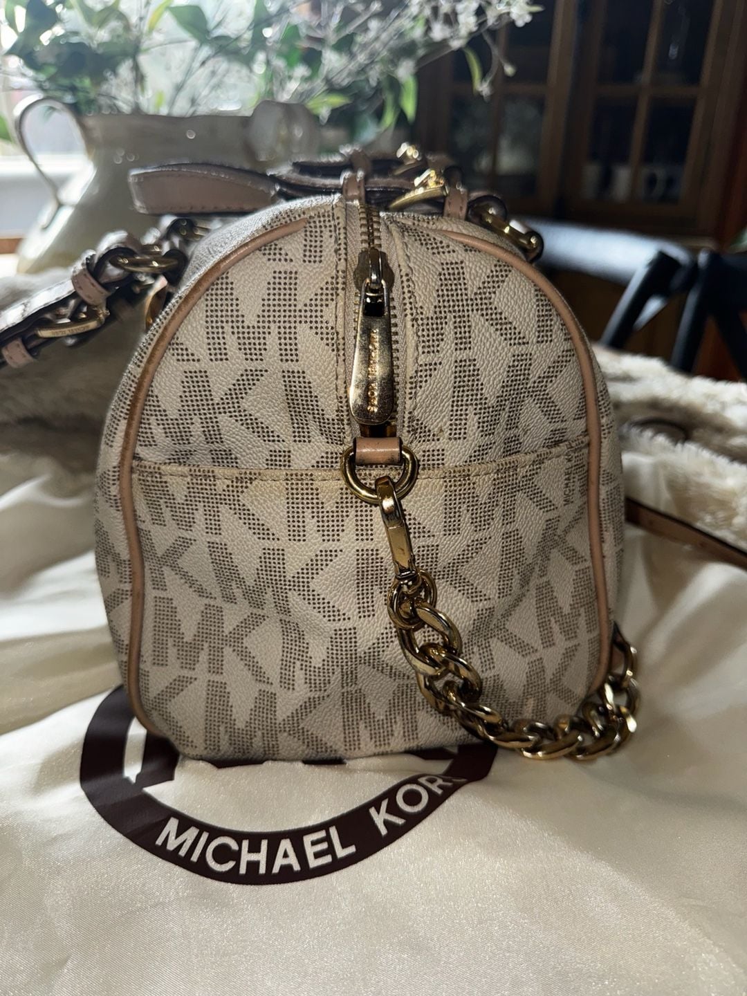 Michael Kors Grayson Signature Monogram Medium Satchel Bag Cream PVC w/dustbag 10