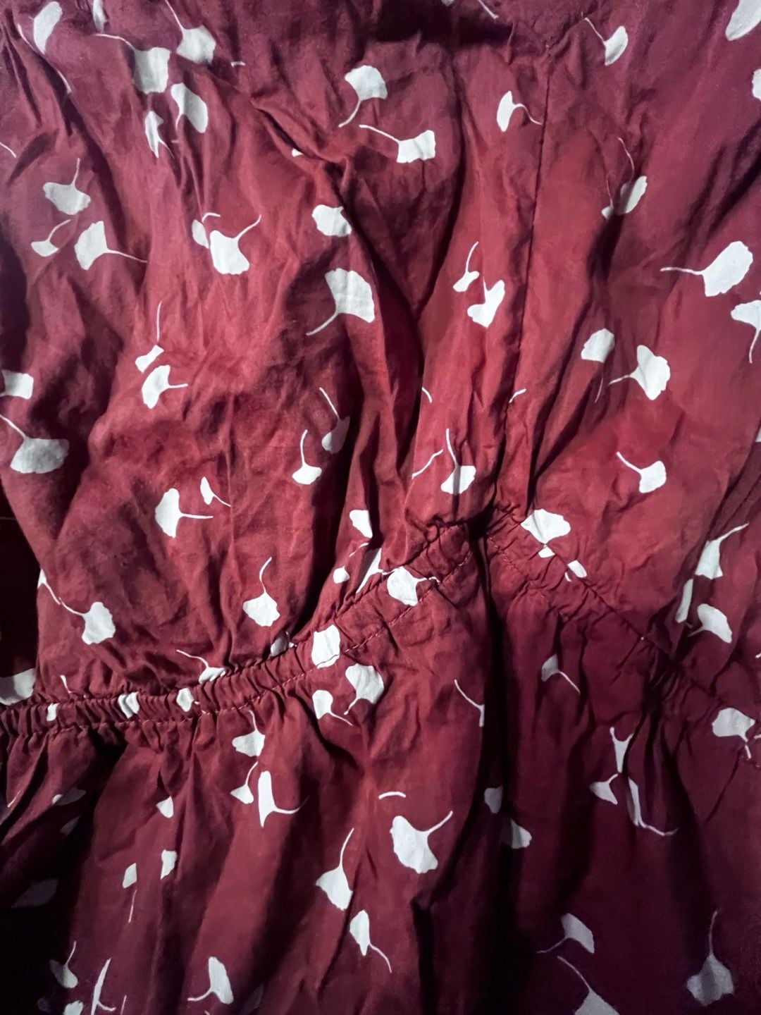 Time and Tru Burgundy White Ginkgo Leaf Print Smocked Peplum Top XL 2
