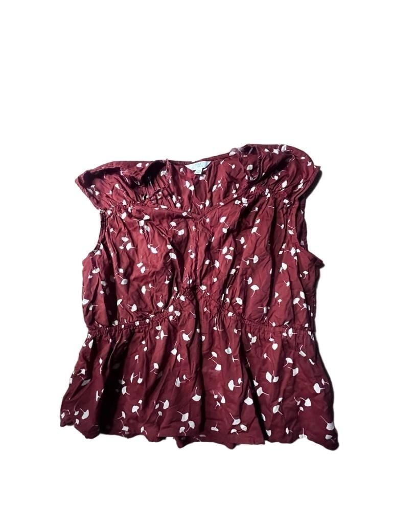 Time and Tru Burgundy White Ginkgo Leaf Print Smocked Peplum Top XL 1