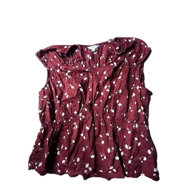 Time and Tru Burgundy White Ginkgo Leaf Print Smocked Peplum Top XL