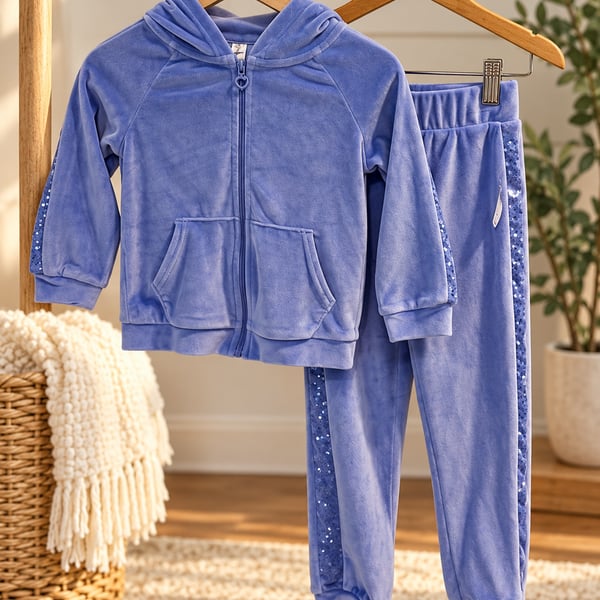 NWT Girls 90 Degree By Reflex Velour Sequin Stripe Hoodie And Jogger Sz S 4