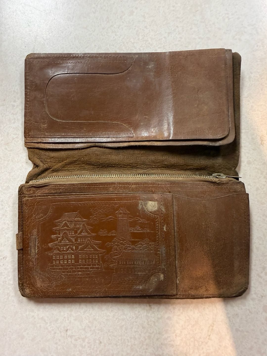 Vintage Tooled Leather Biker Wallet Japanese Castle Scene Brown 2
