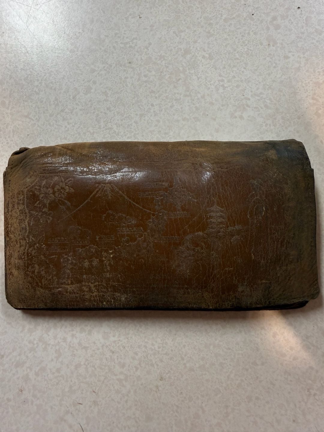 Vintage Tooled Leather Biker Wallet Japanese Castle Scene Brown 3