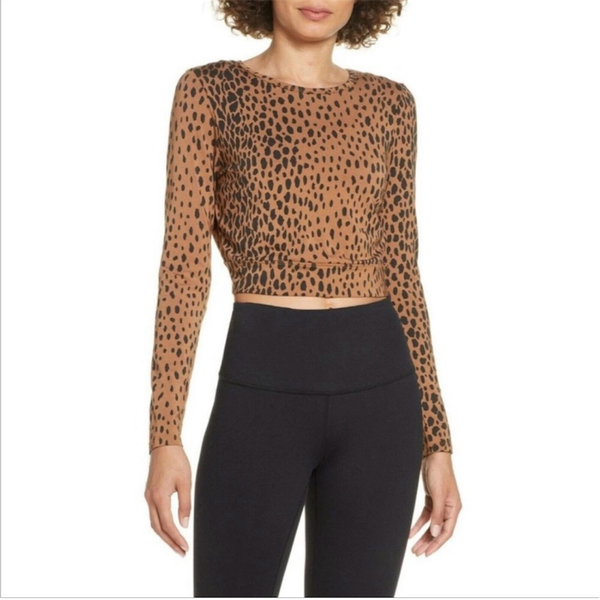 Good American Animal Leopard Print Crop Top Open Back Long Sleeve Size Small