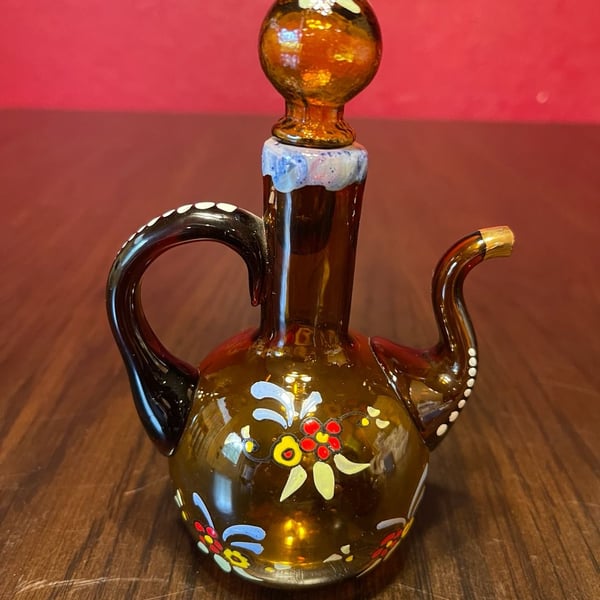Moser Bohemian Art Glass Cruet Decanter with Stopper and Floral Motif