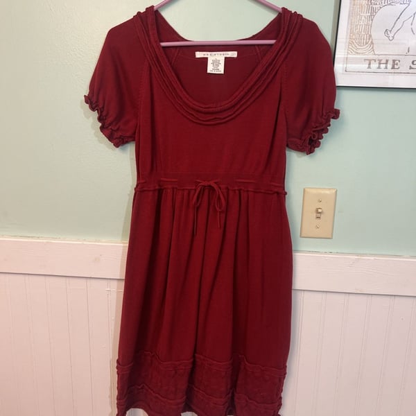 Max Studio dark Red Babydoll Dress Size L Short Sleeve Knit Lace Trim 