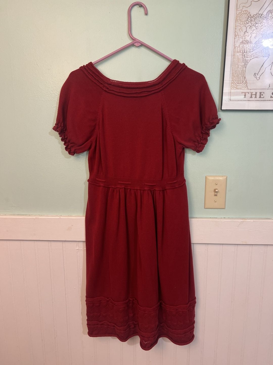 Max Studio dark Red Babydoll Dress Size L Short Sleeve Knit Lace Trim  7