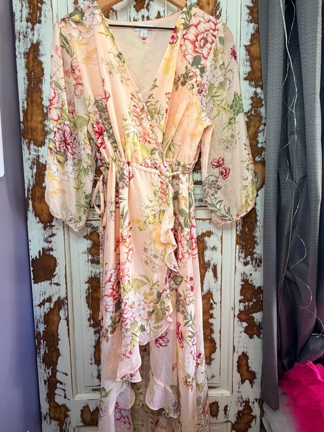 New York & Co Floral Wrap Maxi Dress Size XL Petite Pink Floral Boho 2