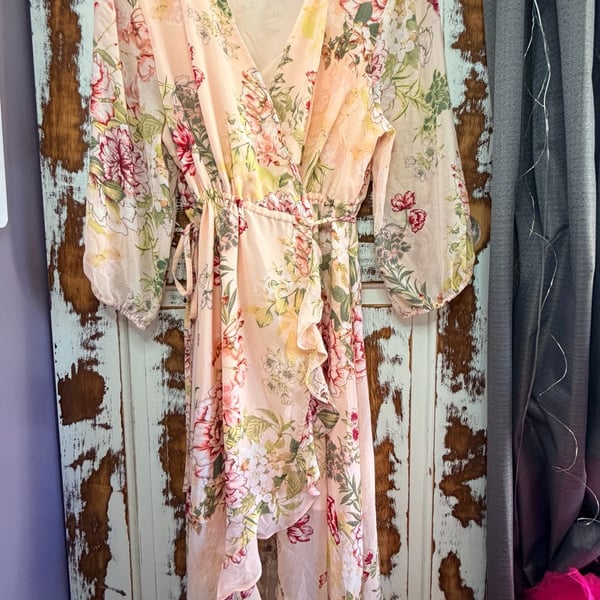 New York & Co Floral Wrap Maxi Dress Size XL Petite Pink Floral Boho