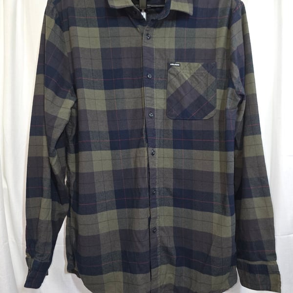 Volcom Plaid Flannel Shirt Size XL Green Blue Long Sleeve