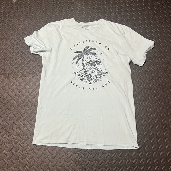 Quiksilver Graphic T-Shirt Size L Light Blue Palm Volcano Since Day One