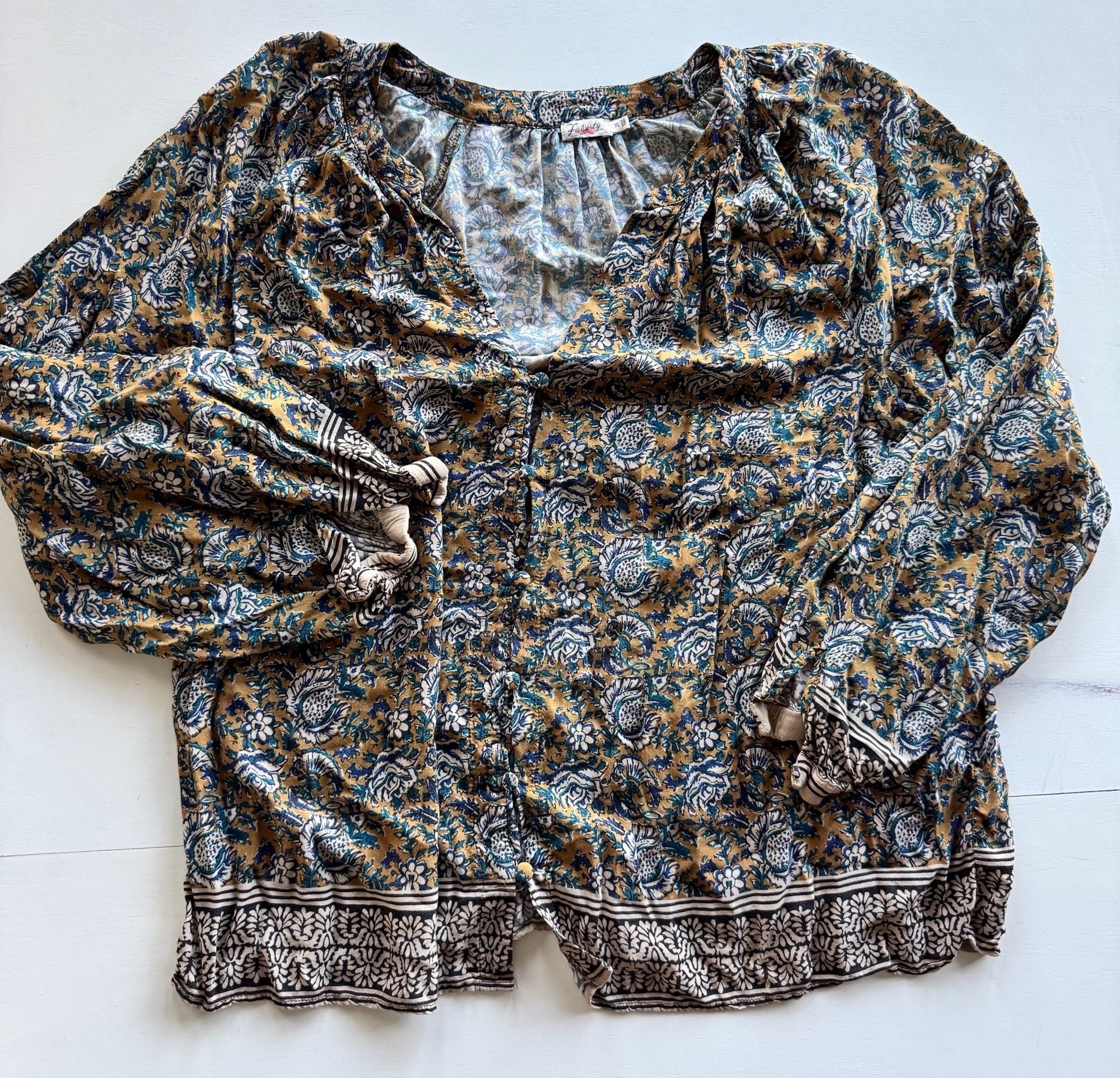 Faherty Enna Top Size XL Jaipur Flora Brown Viscose Boho Blouse 2