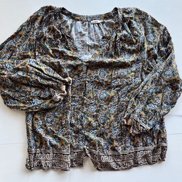 Faherty Enna Top Size XL Jaipur Flora Brown Viscose Boho Blouse