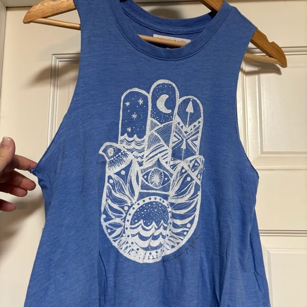 Spiritual Gangster Hamsa Cut Off Band Tank Size XS Blue Graphic Muscle Top