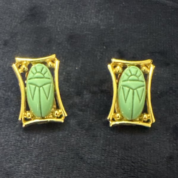 Judy Lee Scarab Earrings Egyptian Revival Robin Egg Blue Gold Tone mid-century,
