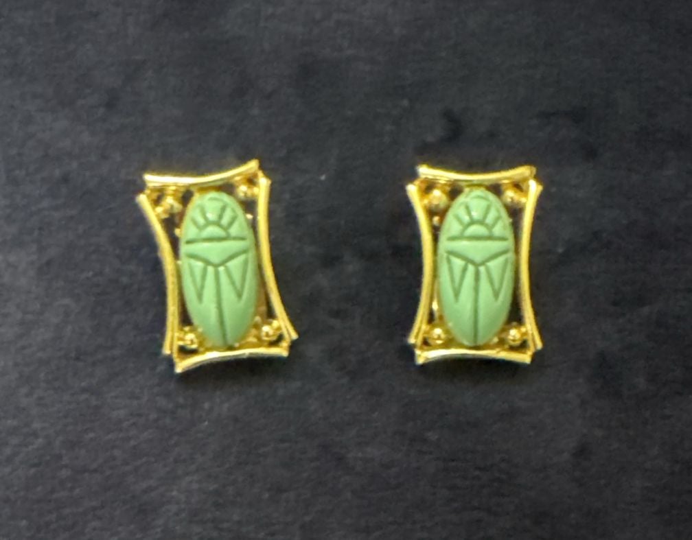 Judy Lee Scarab Earrings Egyptian Revival Robin Egg Blue Gold Tone mid-century, 3