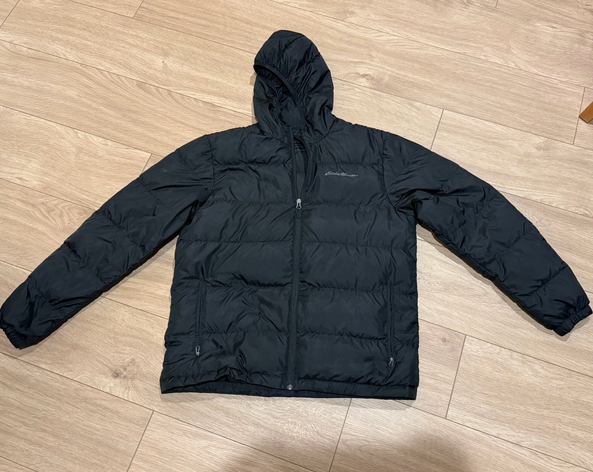 Eddie Bauer Black Puffer Jacket Hooded Zip Front 3