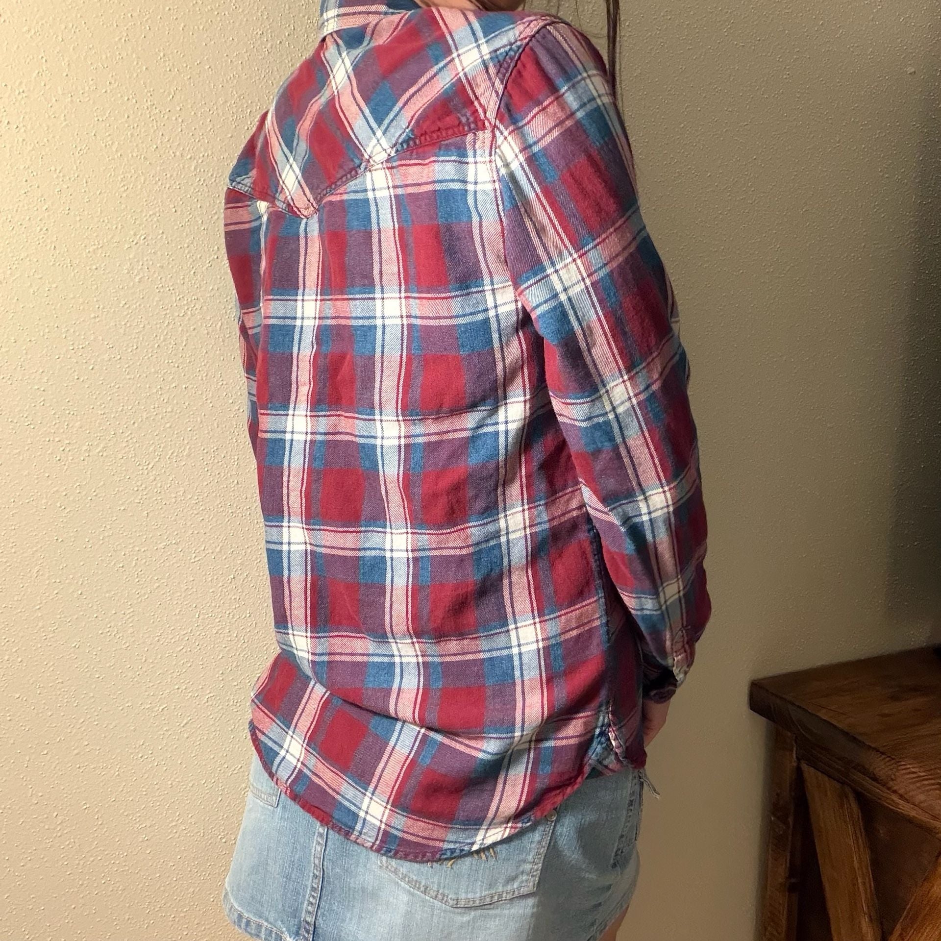 American Eagle Outfitters Plaid Button Down Shirt Red Blue 3