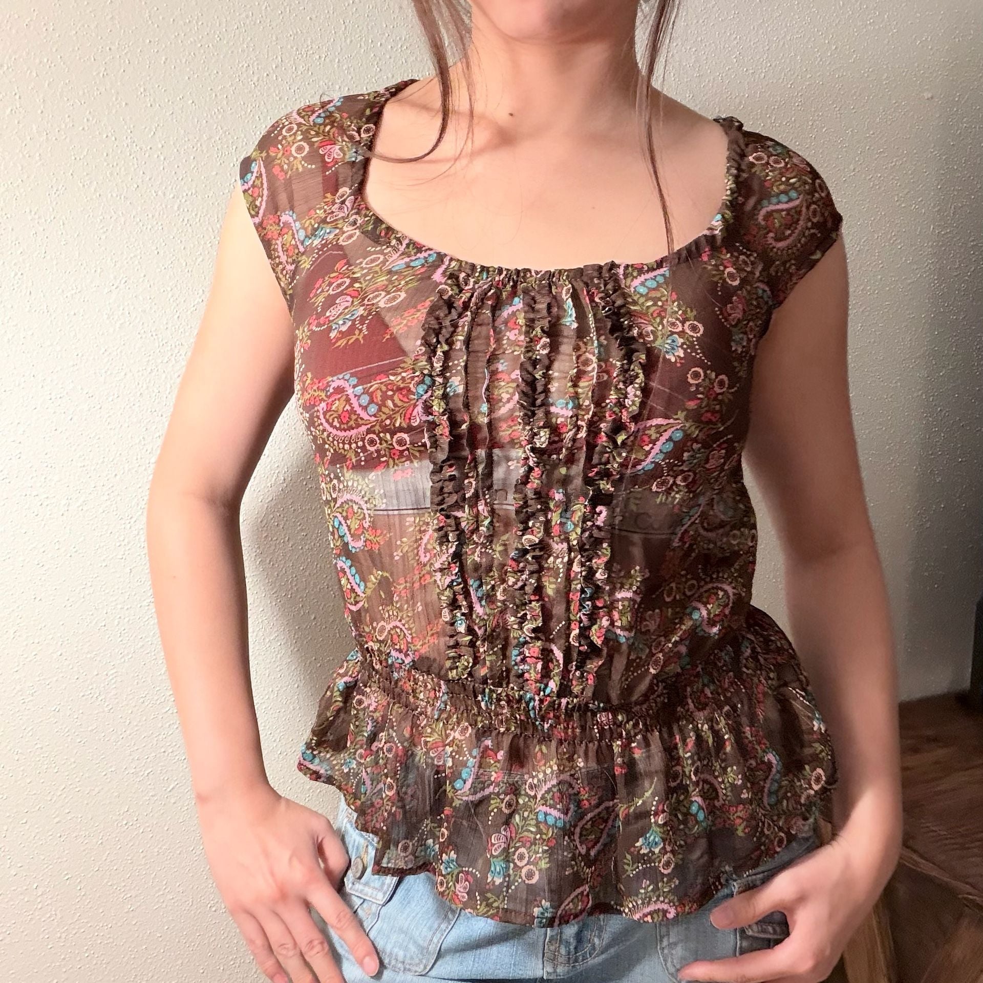 Willow & Root Floral Mesh Ruffle Top Brown Brown 2