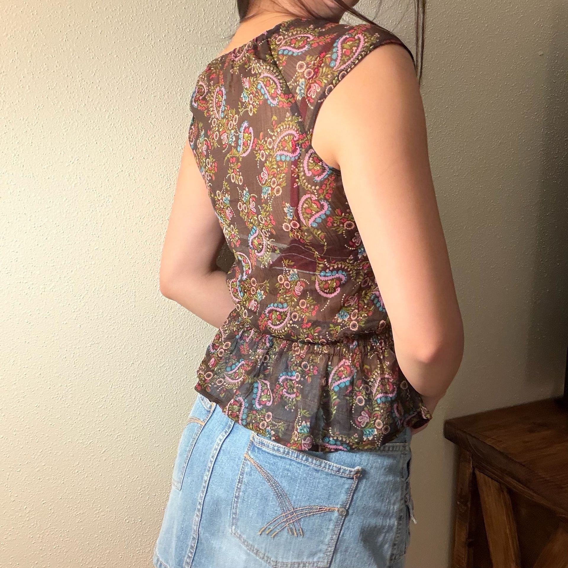 Willow & Root Floral Mesh Ruffle Top Brown Brown 3