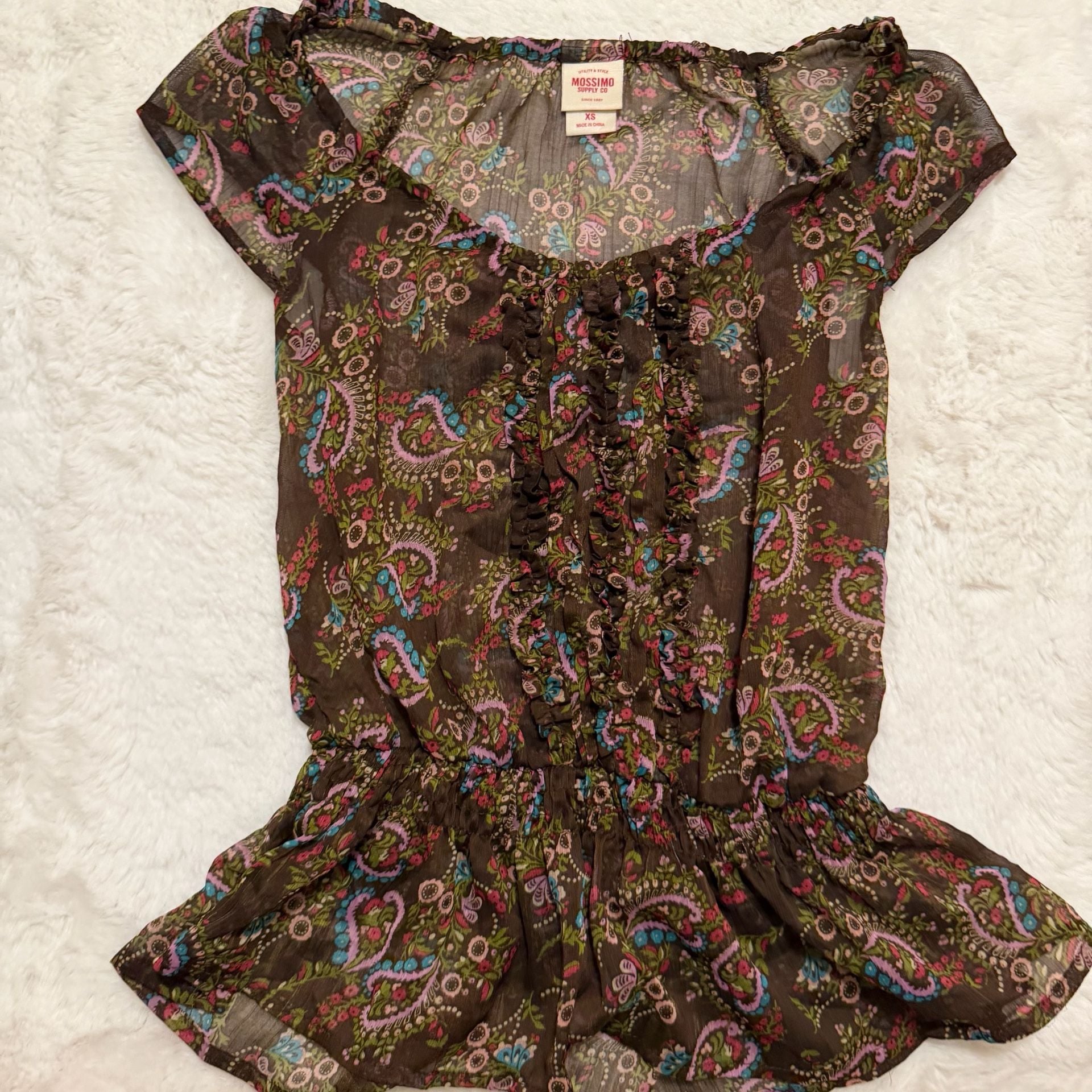 Willow & Root Floral Mesh Ruffle Top Brown Brown 4