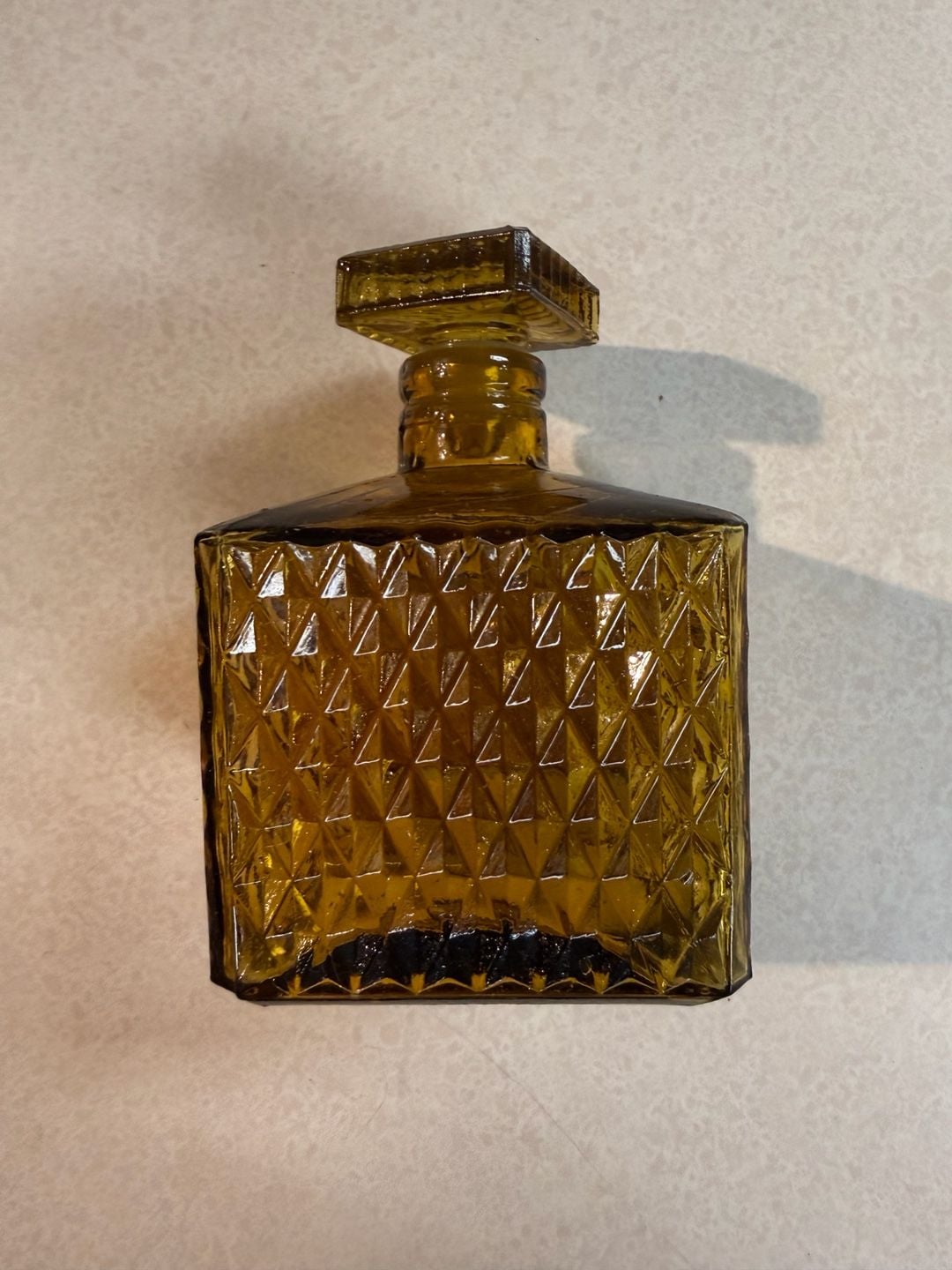 Vintage Diamond Point Amber Glass Square Decanter Bottle With Stopper 1