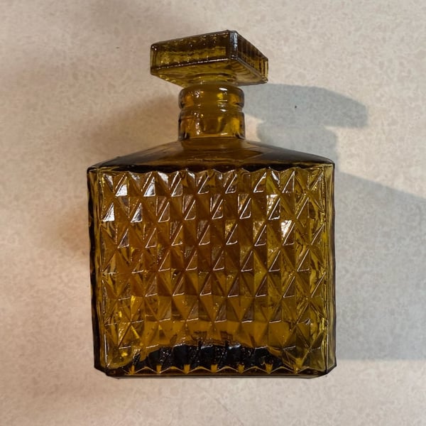 Vintage Diamond Point Amber Glass Square Decanter Bottle With Stopper