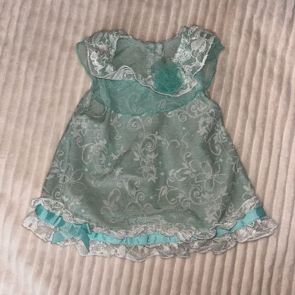 Little Lass Toddler Girl Sage Green Lace Dress with White Floral Pattern and Bow