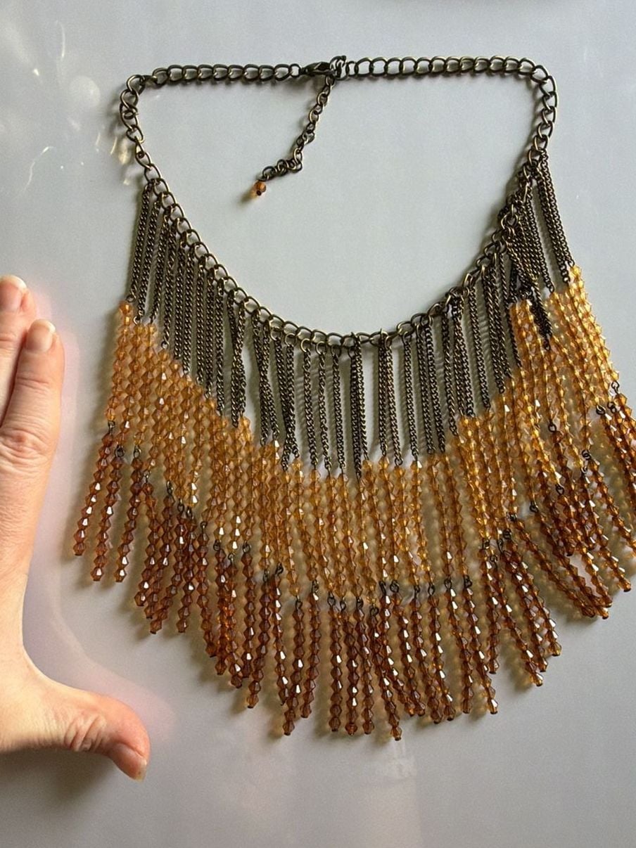 Amber Bead Fringe Statement Bib Necklace 3