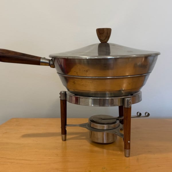 Vintage Mid Century Modern Fraser Denmark Fondue Pot: Stainless Steel