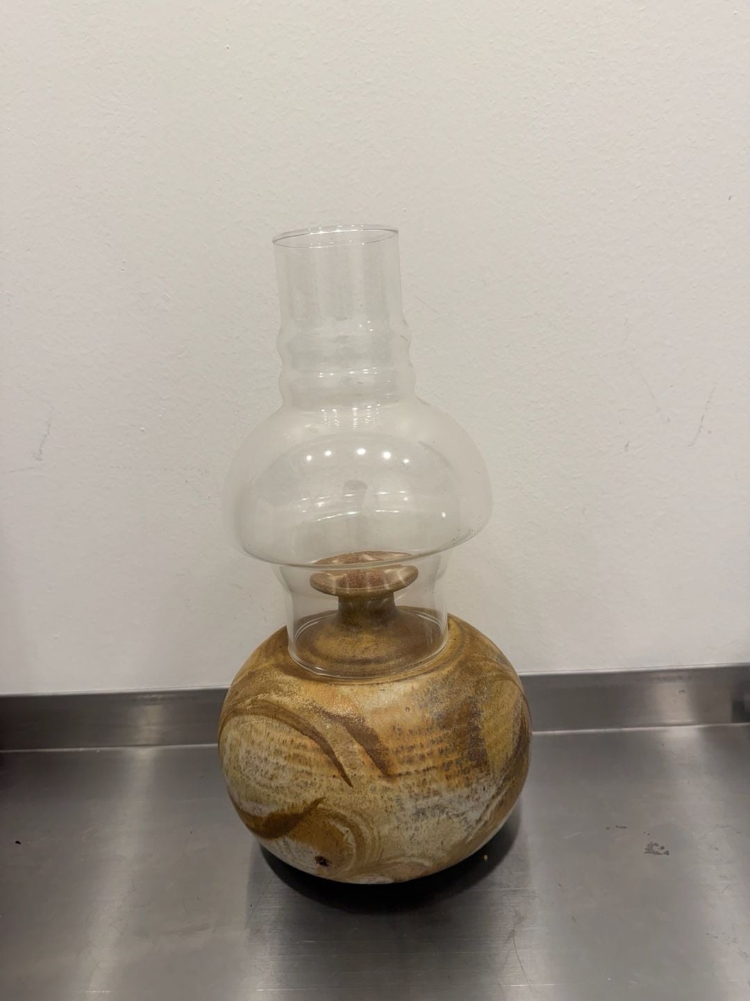 Vintage Studio Pottery Signed Hurricane Oil Lamp Signed Stoneware Glass Chimney 1