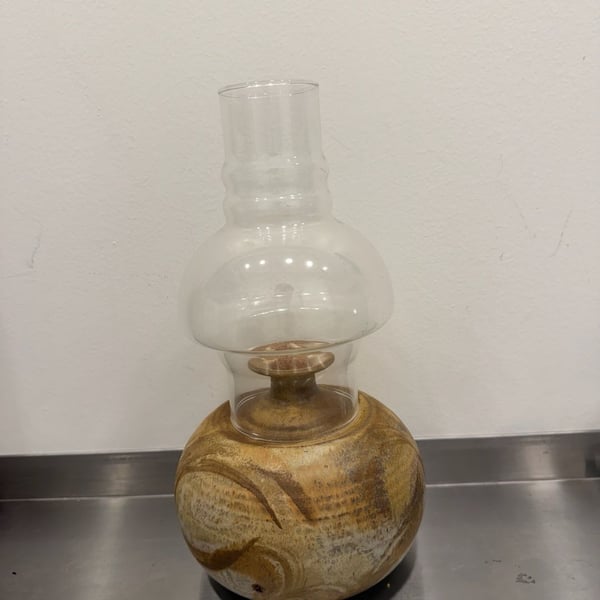 Vintage Studio Pottery Signed Hurricane Oil Lamp Signed Stoneware Glass Chimney