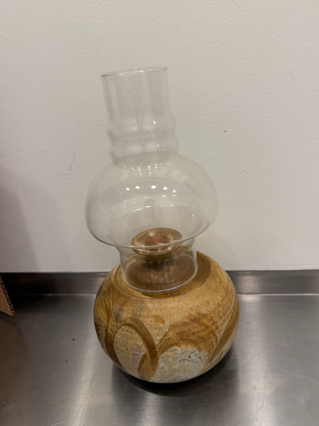 Vintage Studio Pottery Signed Hurricane Oil Lamp Signed Stoneware Glass Chimney 2