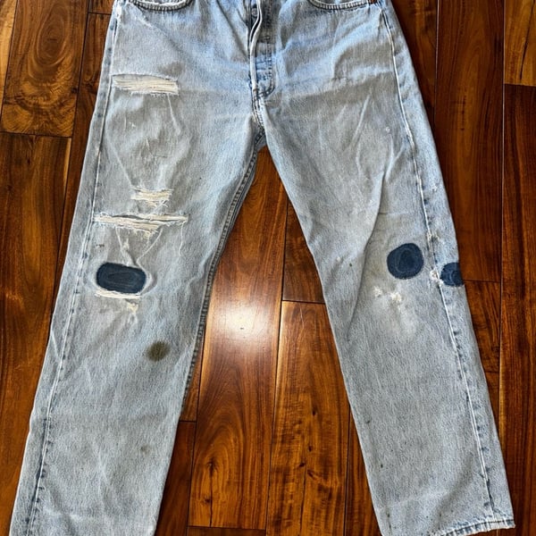 Levi's 501 1989 Vintage Denim Jeans Size 36x30 Light Wash Ripped Patches