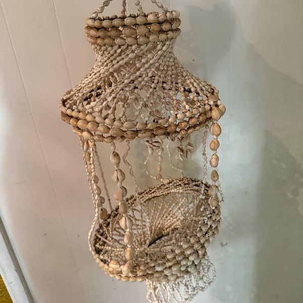 Vintage Boho Cowrie Shell Hanging Basket Chandelier Coastal Beach Decor