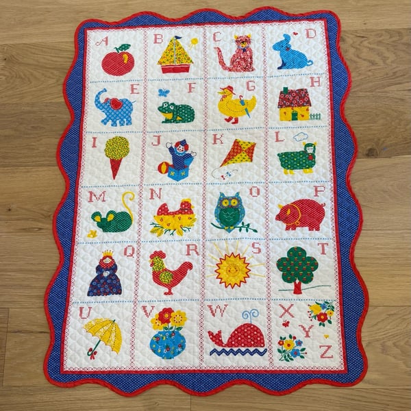 Vintage Cottagecore Handmade ABC Baby Quilt Alphabet Nursery Blanket 39 x 30.5