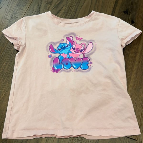 Old Navy Disney Stitch and Angel Airbrush Graphic T-Shirt Size 6-7 Light Pink