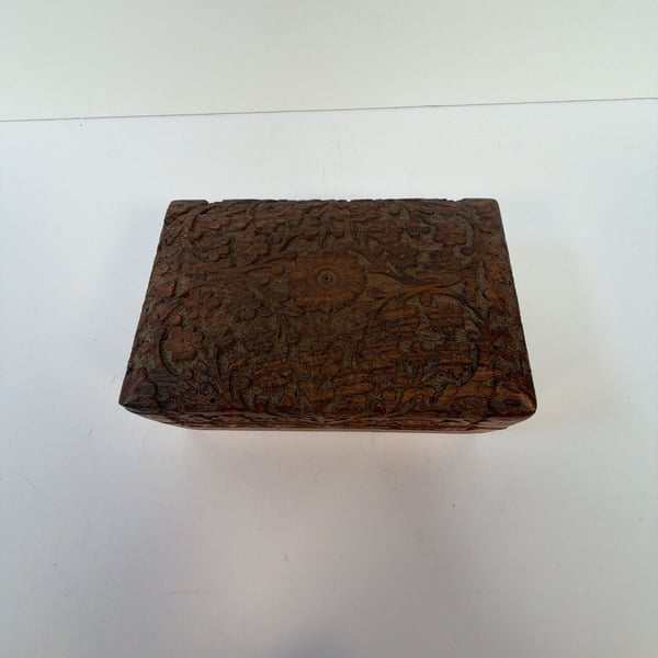 Hand Carved Wooden Floral Jewelry Box with Velvet Interior