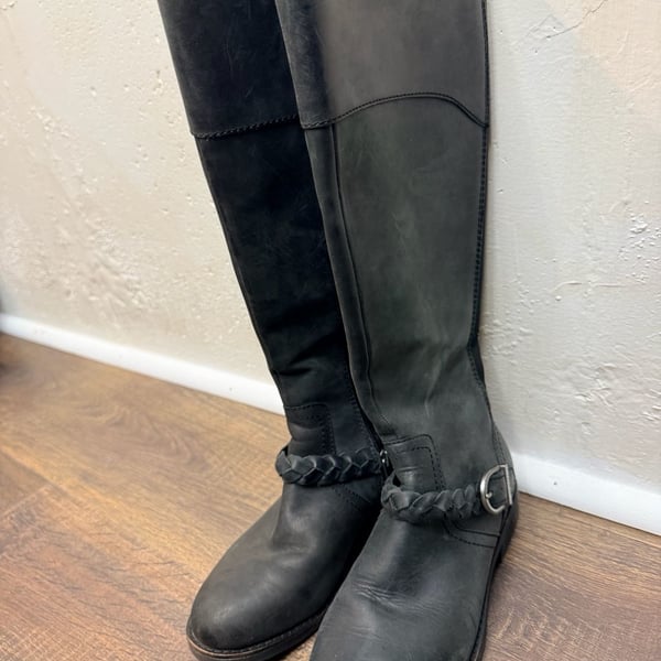 Earth Etmira Riding Boots Size 6M Black Leather Braided Strap Buckle