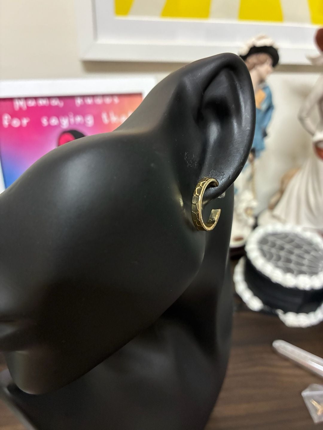 Gold Tone Hammered Pattern Small Hoop Earrings 2