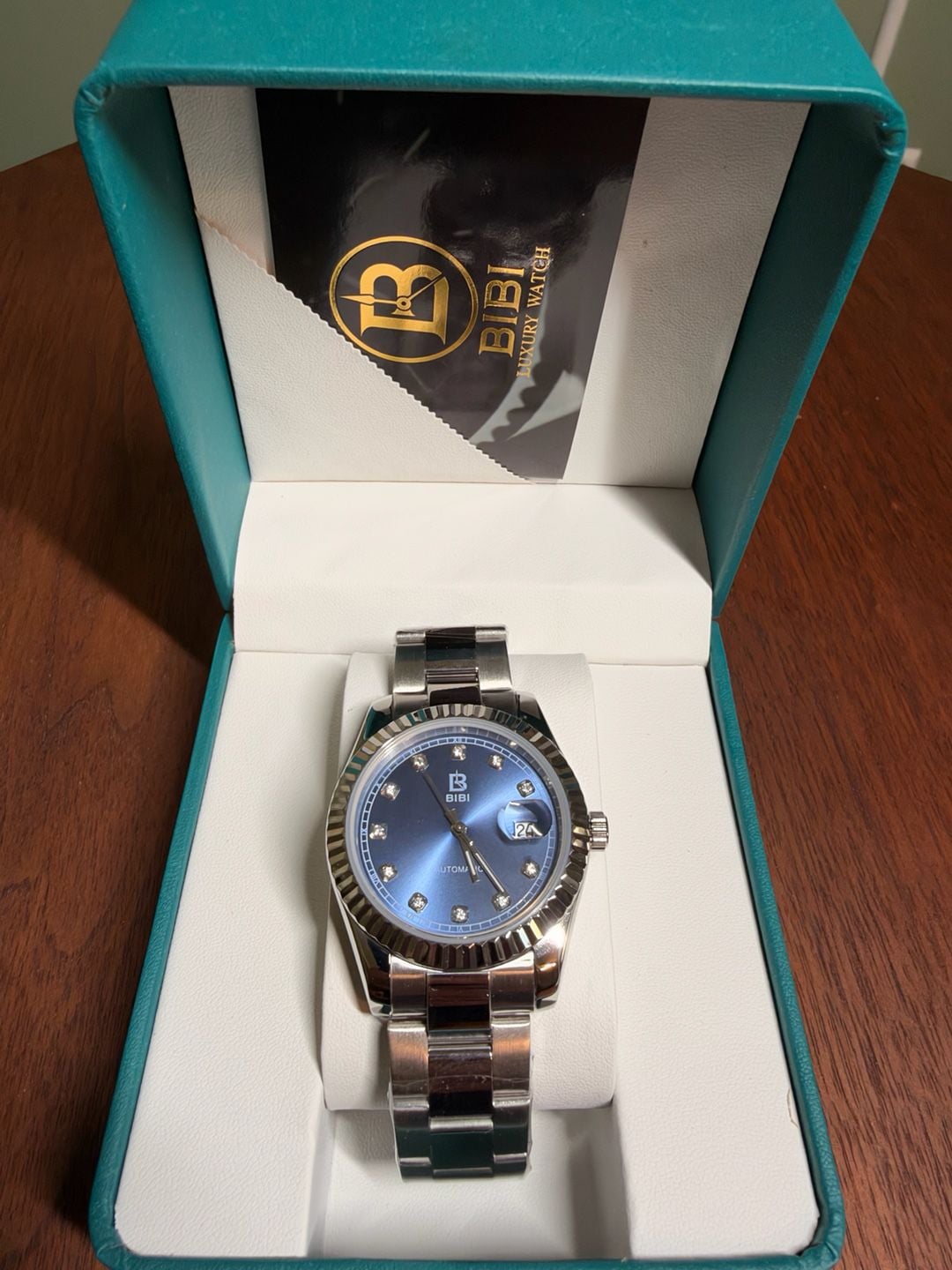 Bibi Automatic Luxury Wristwatch Blue Dial Diamond Accent Stainless Steel Band 2