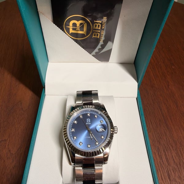 Bibi Automatic Luxury Wristwatch Blue Dial Diamond Accent Stainless Steel Band
