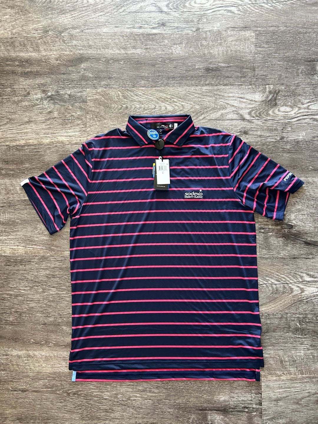 RLX Ralph Lauren Pink Navy Striped Short Sleeve Wicking Golf Polo Men’s L NWT 2