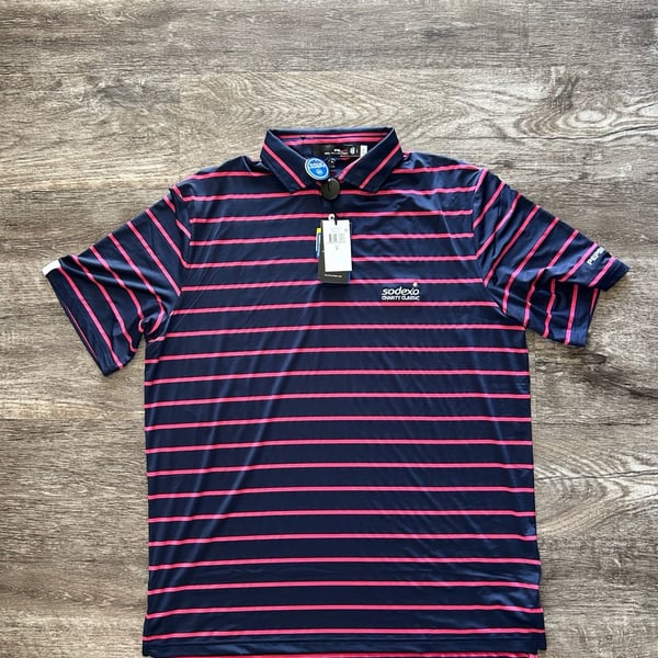 RLX Ralph Lauren Pink Navy Striped Short Sleeve Wicking Golf Polo Men’s L NWT