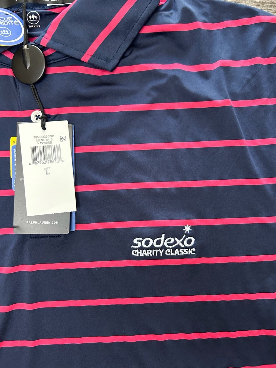 RLX Ralph Lauren Pink Navy Striped Short Sleeve Wicking Golf Polo Men’s L NWT 5