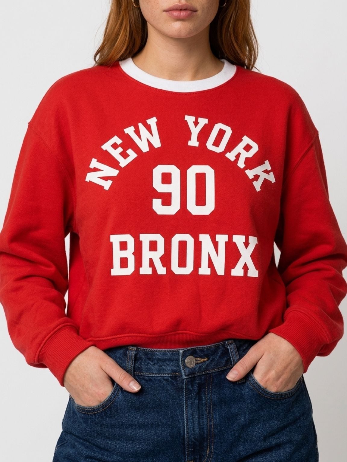Zara New York NY Bronx Red crewneck ringer sweatshirt Size L Oversized fit 2