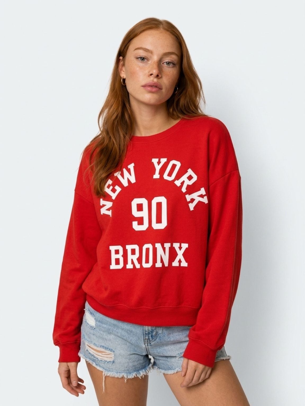 Zara New York NY Bronx Red crewneck ringer sweatshirt Size L Oversized fit 4